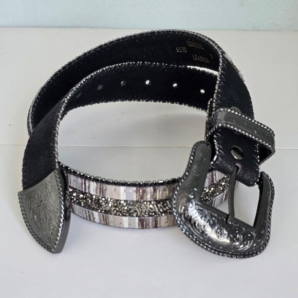 Vintage Western Bling Belt Women\'s Sm Black Leather Faux Marcasite Bead Cowgirl main image 4
